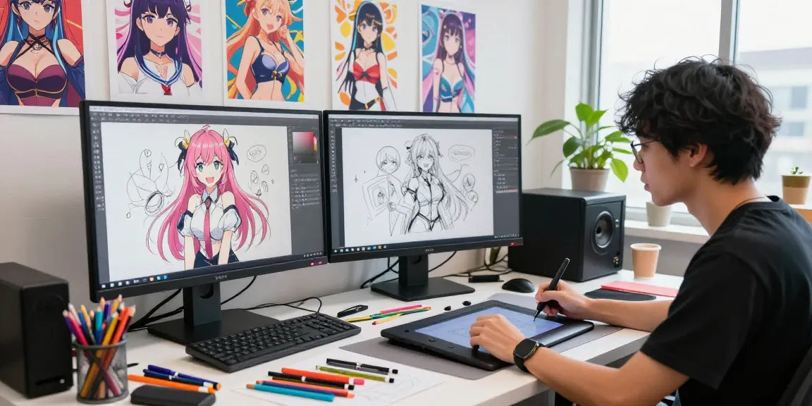 AI ecchi artist in a bright studio designing vibrant anime characters.