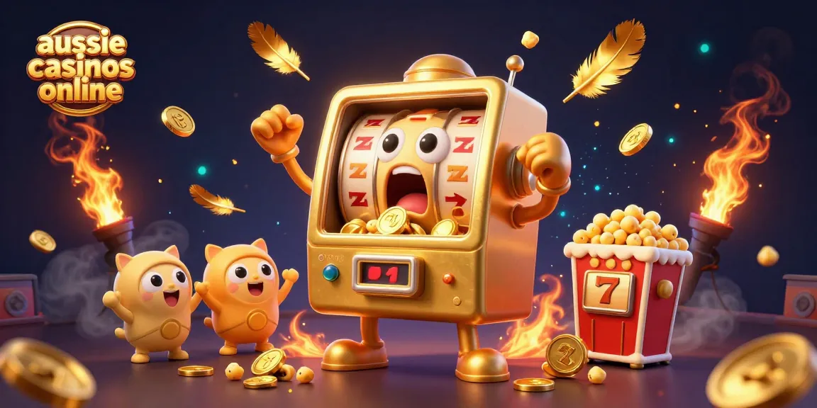 Aussie casinos online showcase a golden slot machine hitting a jackpot surrounded by cheering baby slots.