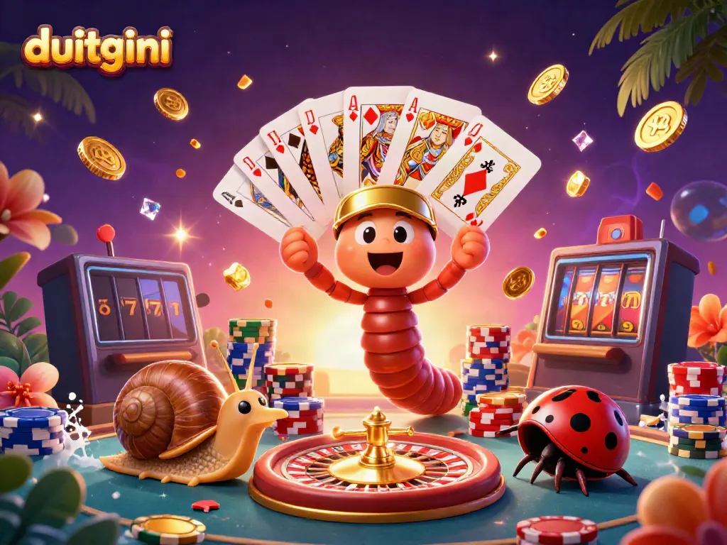 Experience exciting gameplay with duitgini as animated characters showcase cards, chips, and casino thrill.