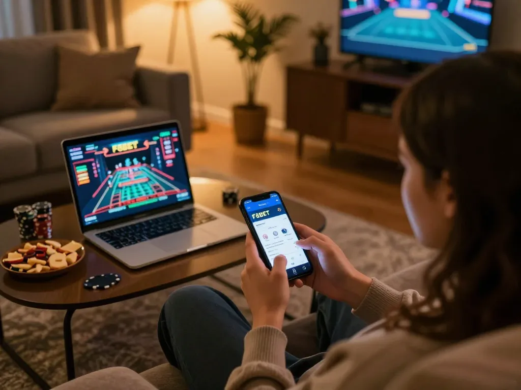 Engaging in online casino gaming with f8betlv app on smartphone in a cozy setting.