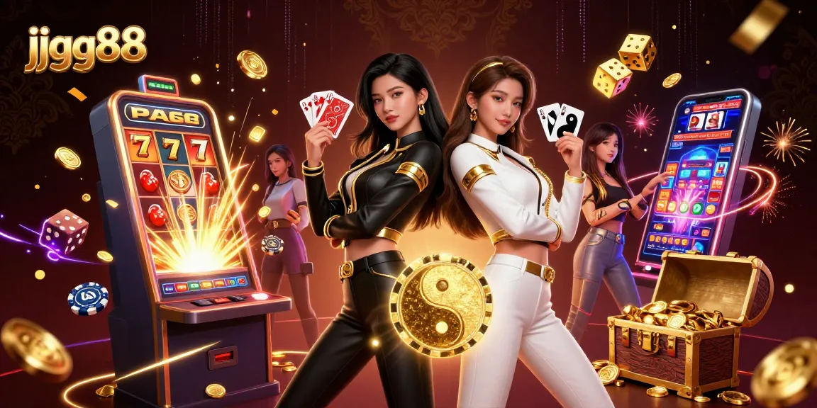 Experience excitement at jjgg88 with dynamic twin characters holding cards, surrounded by casino elements.