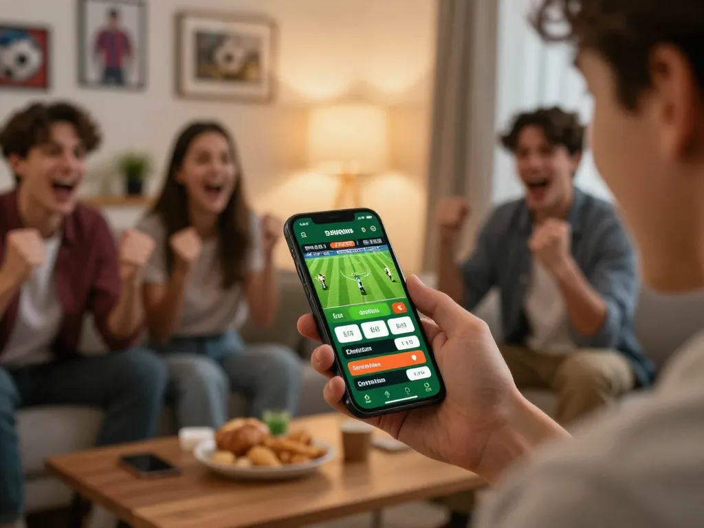 Engaging moment of betting as a player views tỷ lệ kèo nhà cái hôm nay on their smartphone during a live football match.