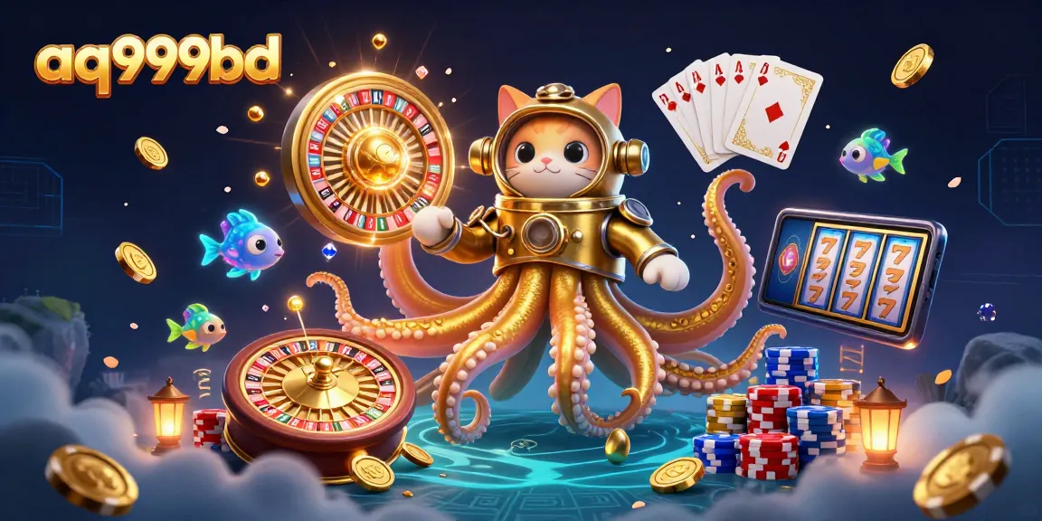 Play engaging games on aq999bd featuring a colorful kraken, diving cat, coins, and slot machines in a vibrant casino scene.