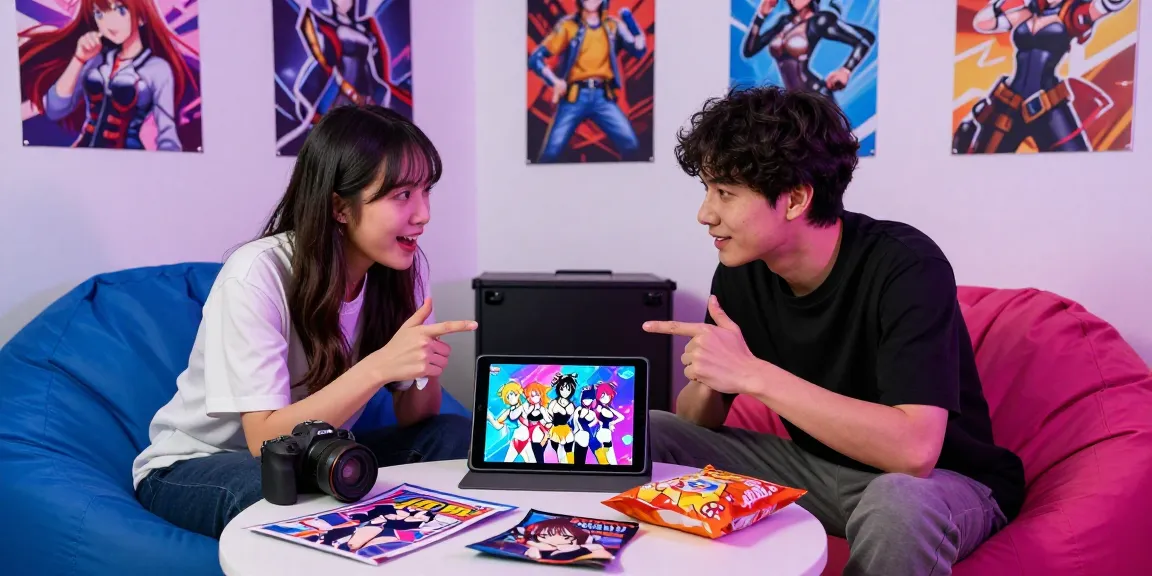 Engaged young adults playing an ecchi game on a tablet, surrounded by gaming accessories and anime art.