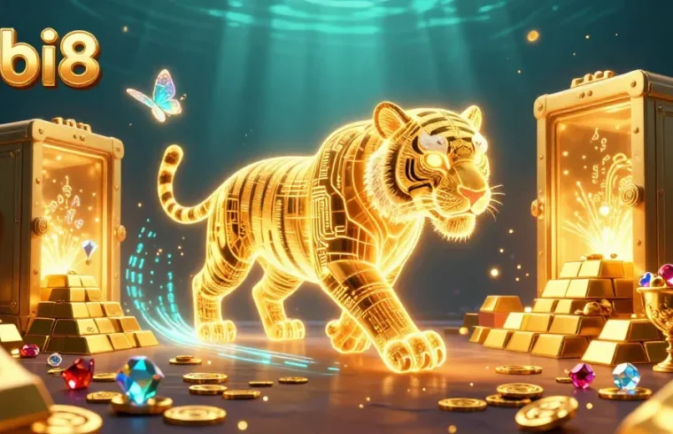 Mbi8's digital golden tiger prowls a vibrant casino, showcasing riches and thrilling winnings.