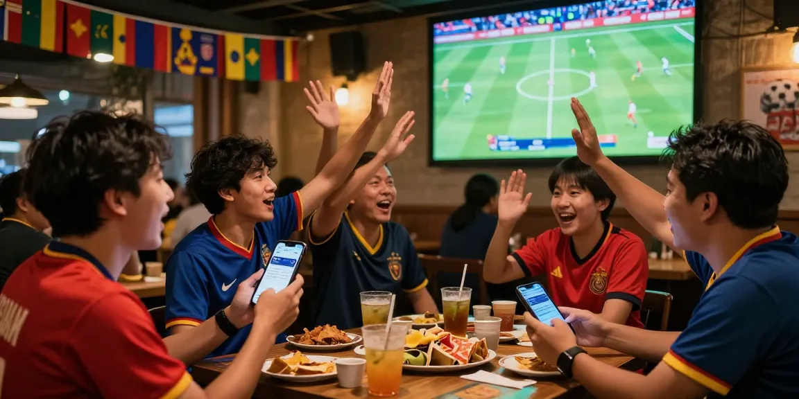 Fans enjoying Football Betting Malaysia at a lively sports bar during a match, showcasing excitement and engagement.